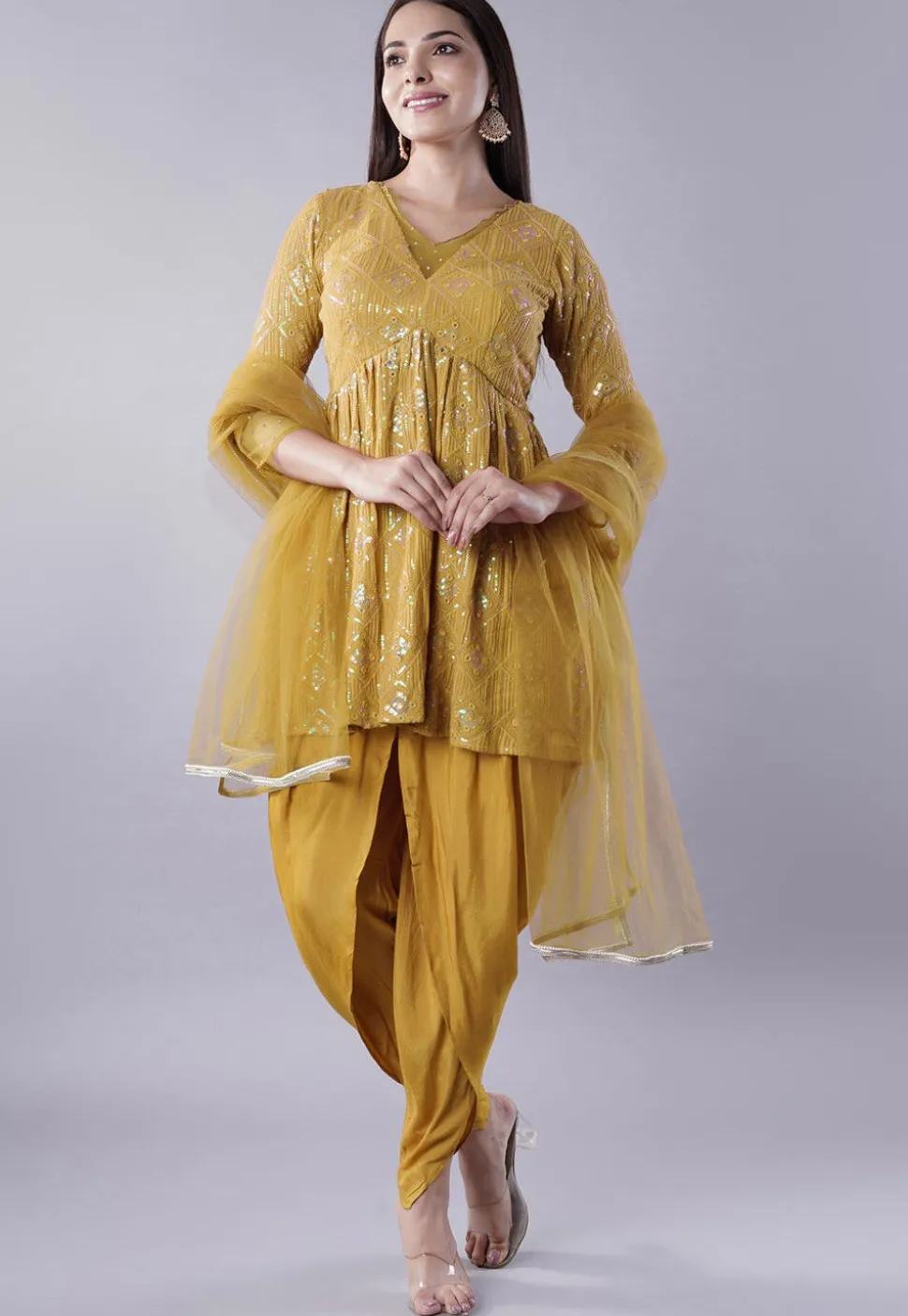 Embroidered Georgette Punjabi Suit in Mustard