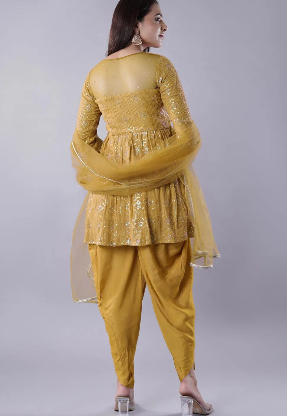 Embroidered Georgette Punjabi Suit in Mustard