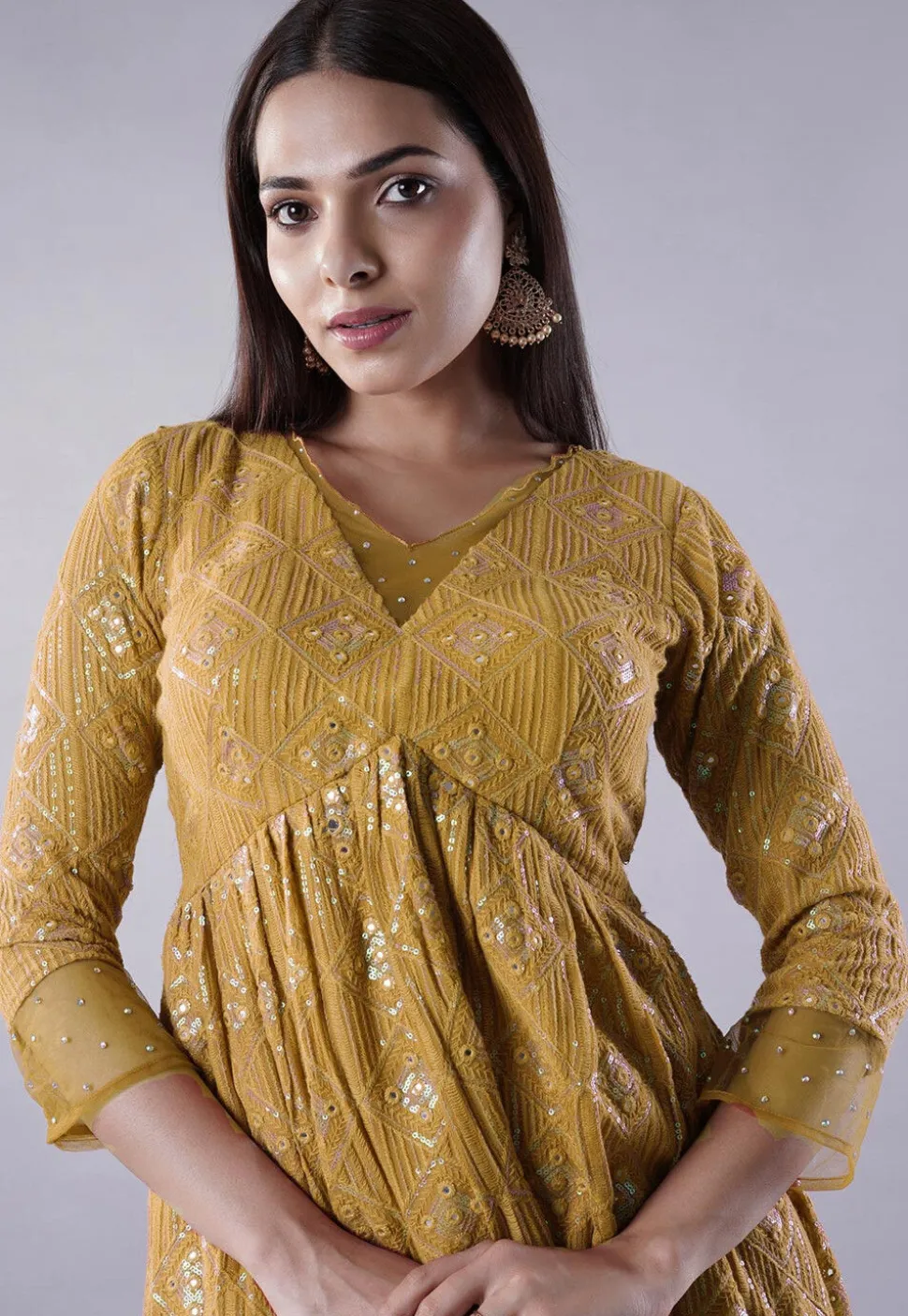 Embroidered Georgette Punjabi Suit in Mustard