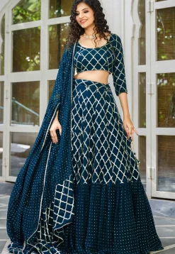 Embroidered Georgette Ruffled Lehenga in Indigo Blue