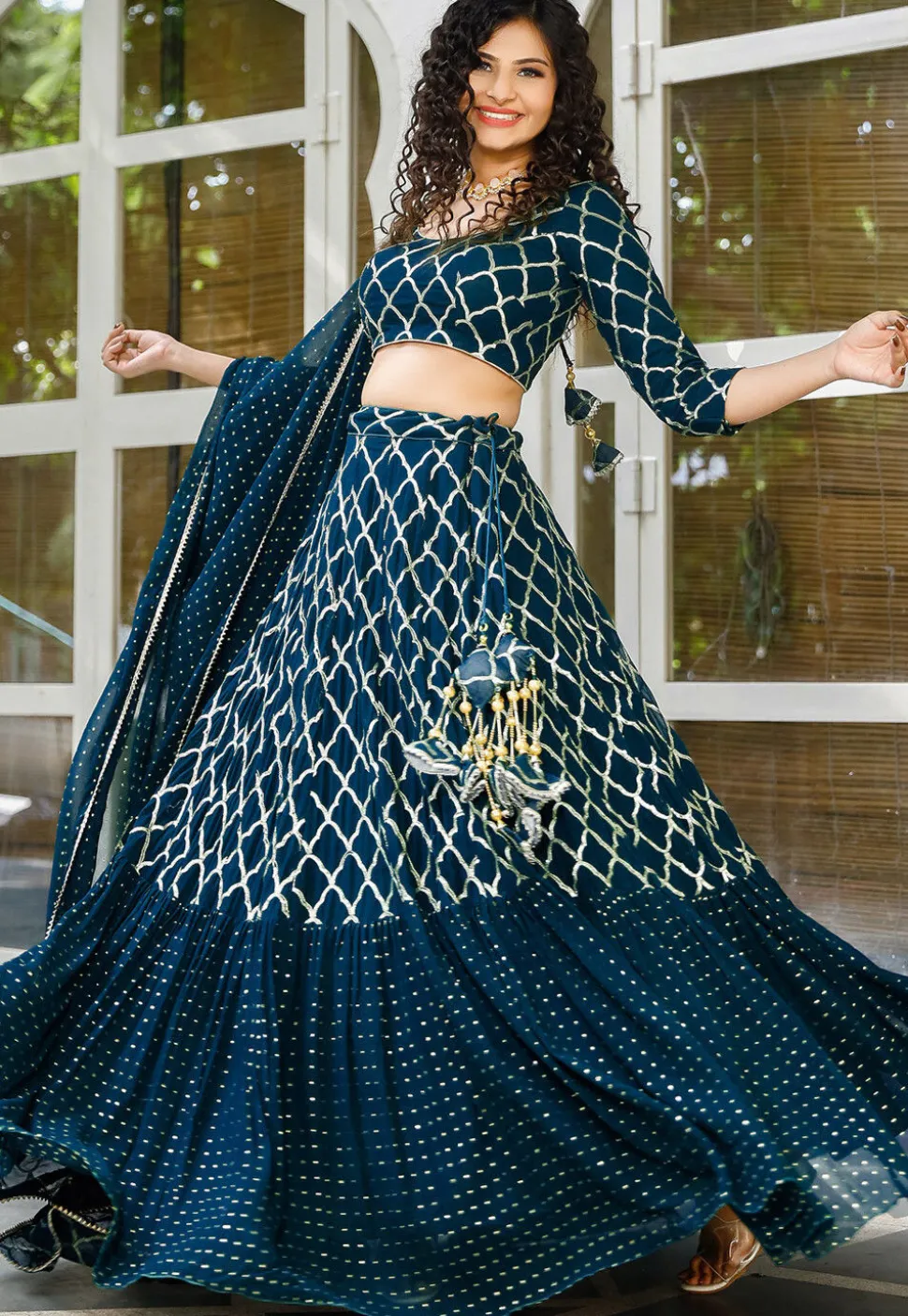 Embroidered Georgette Ruffled Lehenga in Indigo Blue
