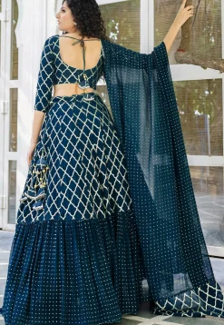 Embroidered Georgette Ruffled Lehenga in Indigo Blue