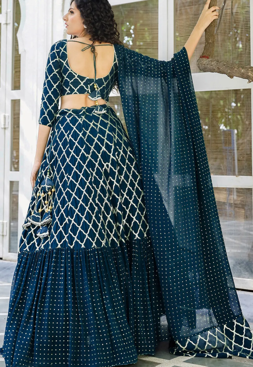 Embroidered Georgette Ruffled Lehenga in Indigo Blue