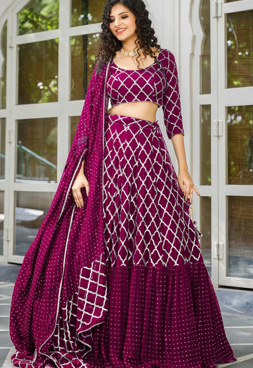 Embroidered Georgette Ruffled Lehenga in Magenta