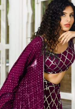 Embroidered Georgette Ruffled Lehenga in Magenta