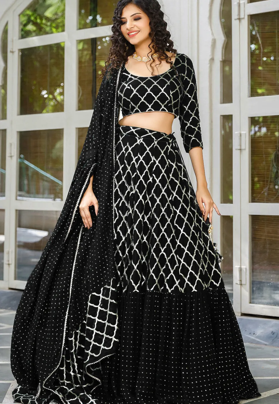 Embroidered Georgette Ruffled Lehenga in Black