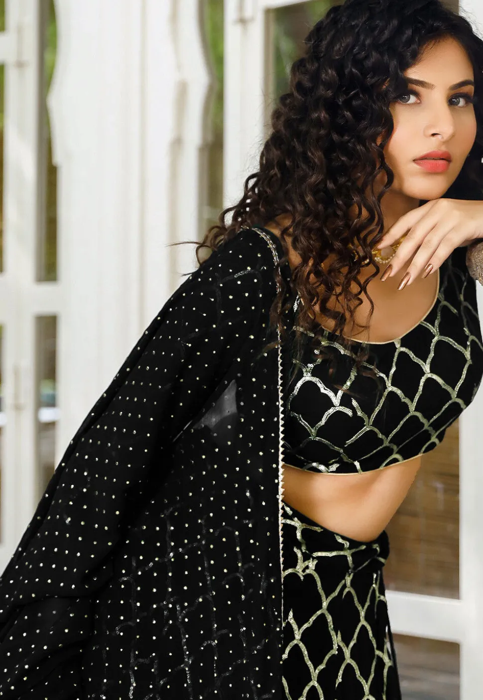 Embroidered Georgette Ruffled Lehenga in Black