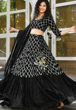 Embroidered Georgette Ruffled Lehenga in Black