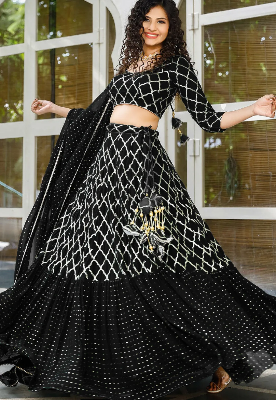 Embroidered Georgette Ruffled Lehenga in Black