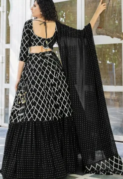 Embroidered Georgette Ruffled Lehenga in Black