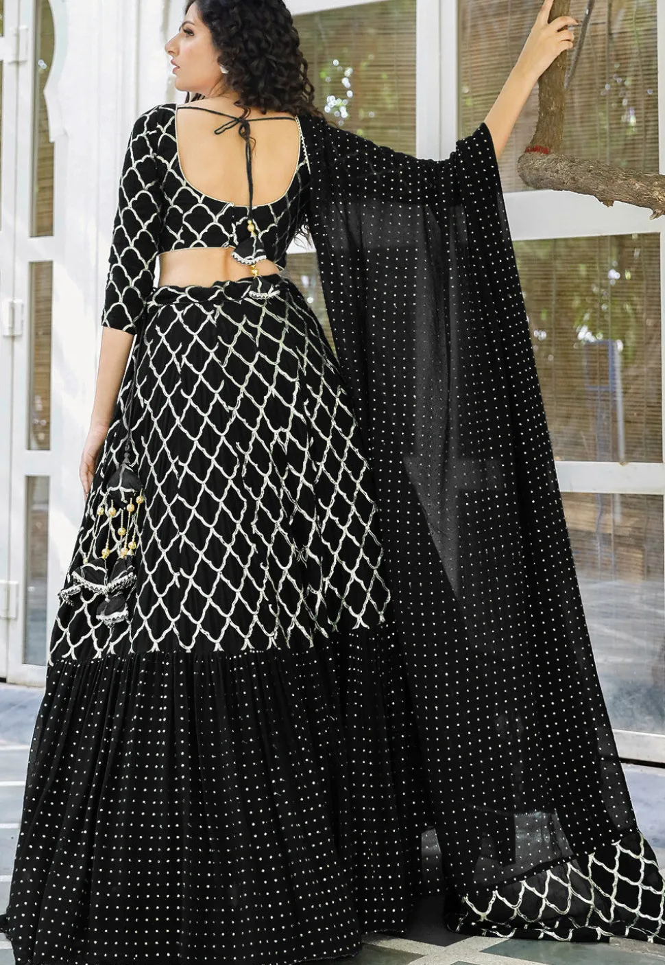 Embroidered Georgette Ruffled Lehenga in Black