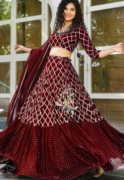 Embroidered Georgette Ruffled Lehenga in Maroon