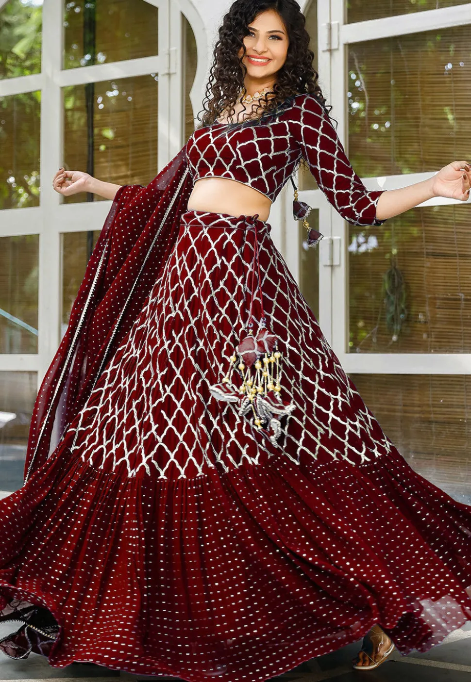 Embroidered Georgette Ruffled Lehenga in Maroon