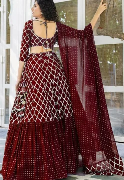 Embroidered Georgette Ruffled Lehenga in Maroon