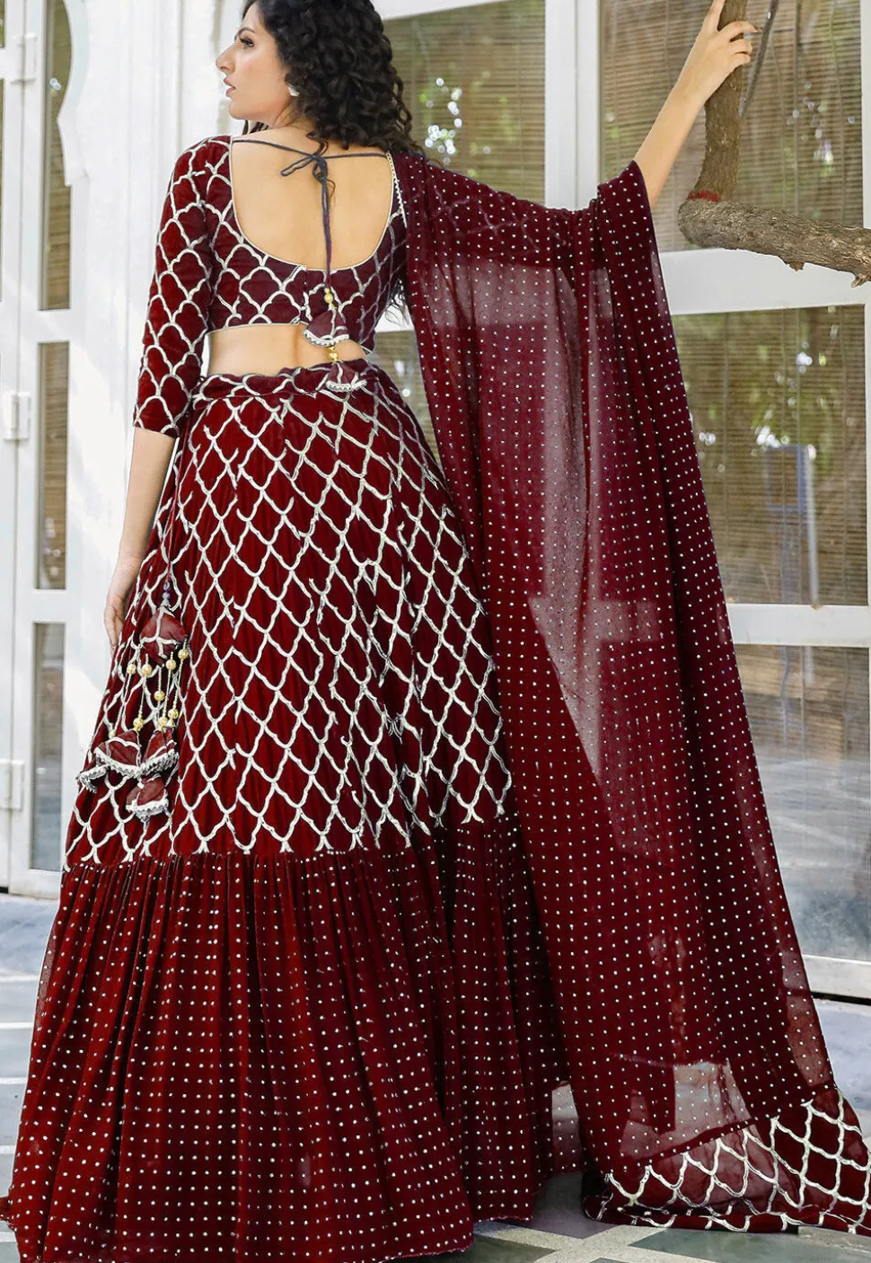 Embroidered Georgette Ruffled Lehenga in Maroon