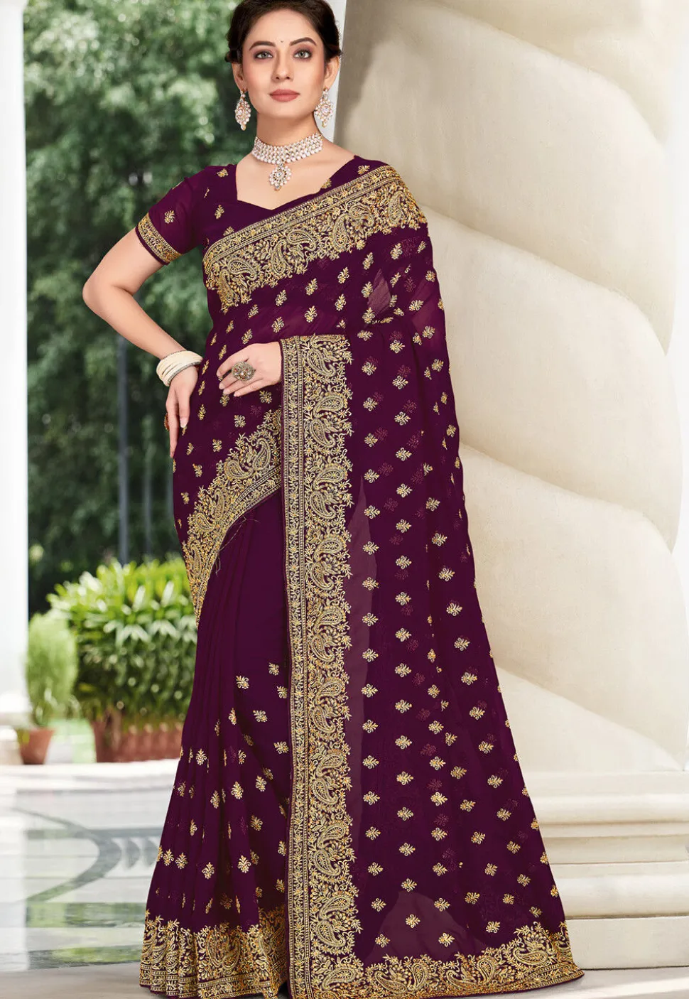 Embroidered Georgette Saree in Wine
