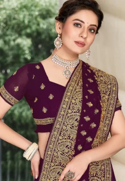 Embroidered Georgette Saree in Wine