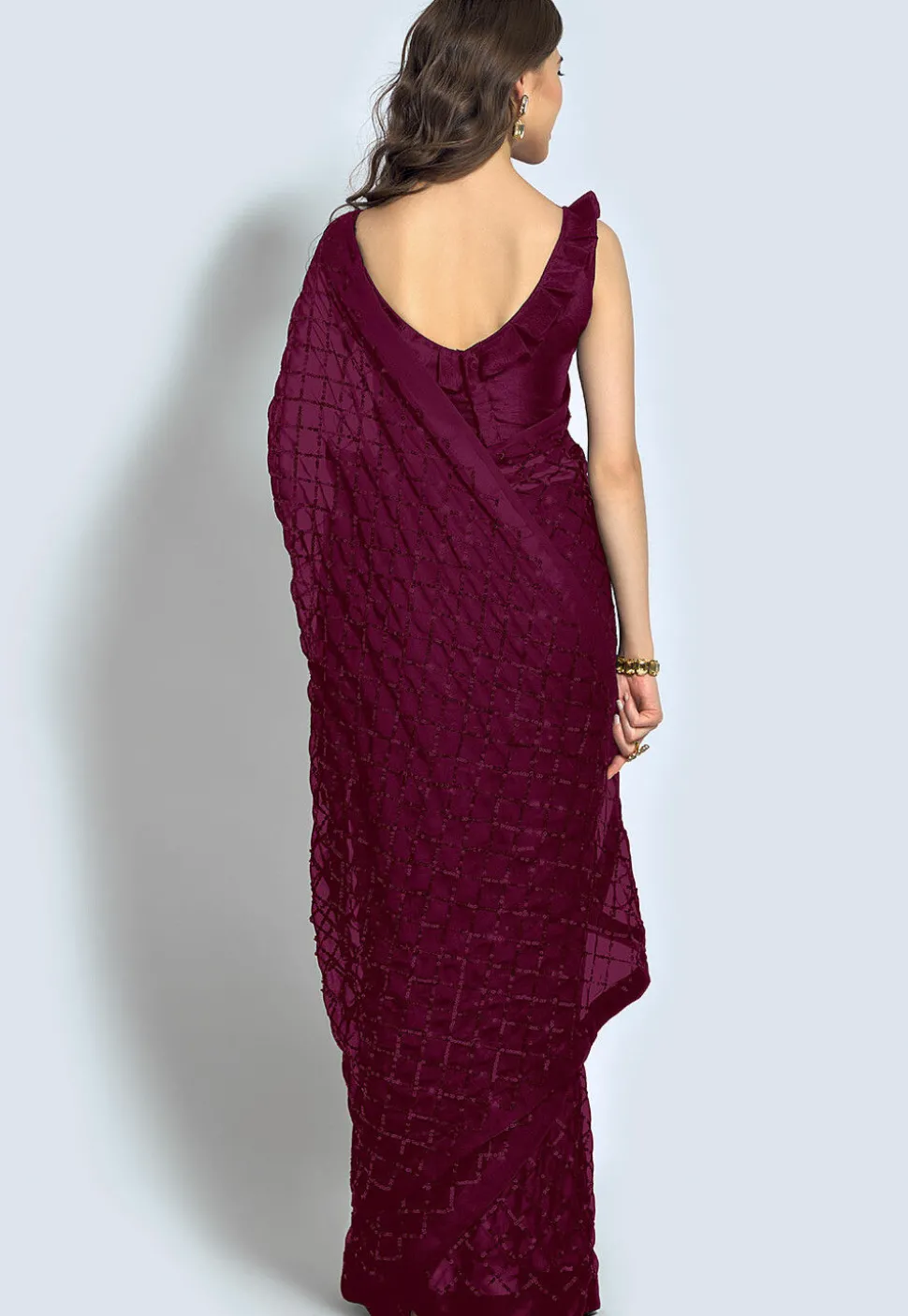 Embroidered Georgette Saree in Wine