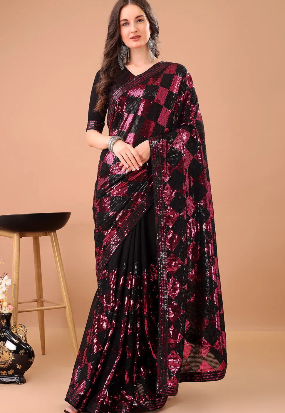 Embroidered Georgette Saree in Black