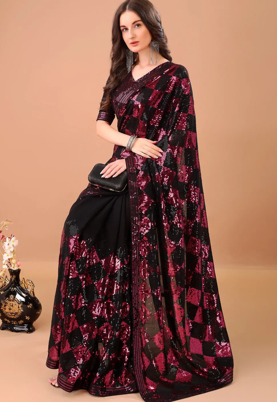 Embroidered Georgette Saree in Black