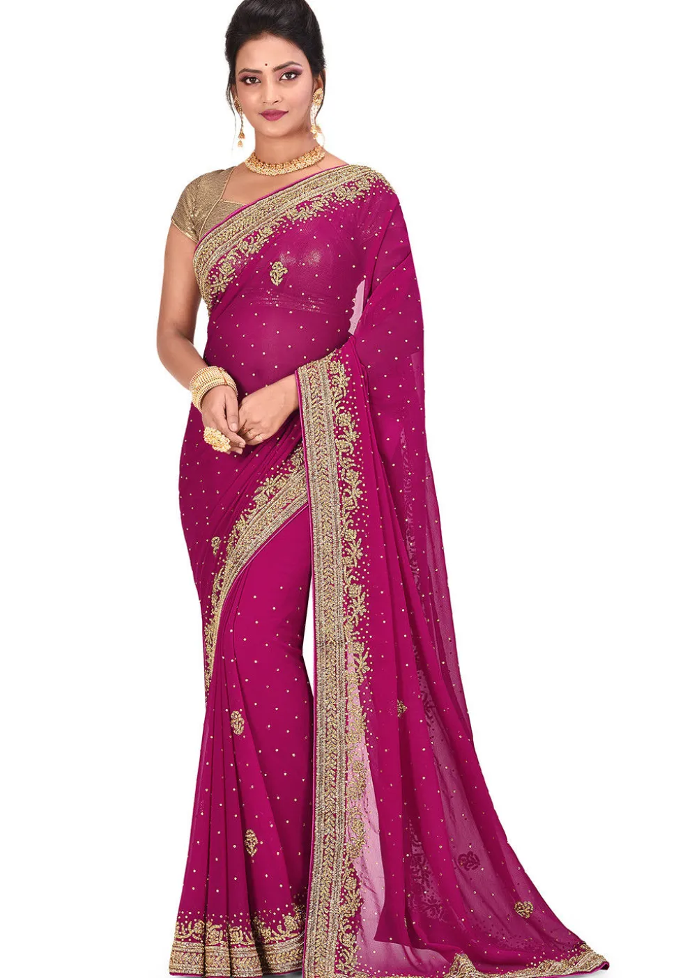 Embroidered Georgette Saree in Magenta