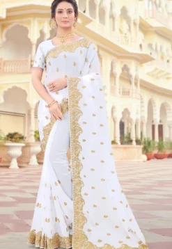 Embroidered Georgette Saree in Off White