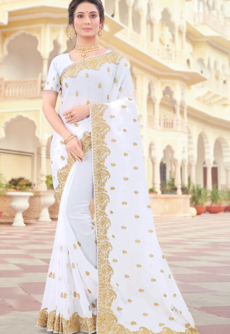 Embroidered Georgette Saree in Off White
