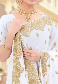 Embroidered Georgette Saree in Off White