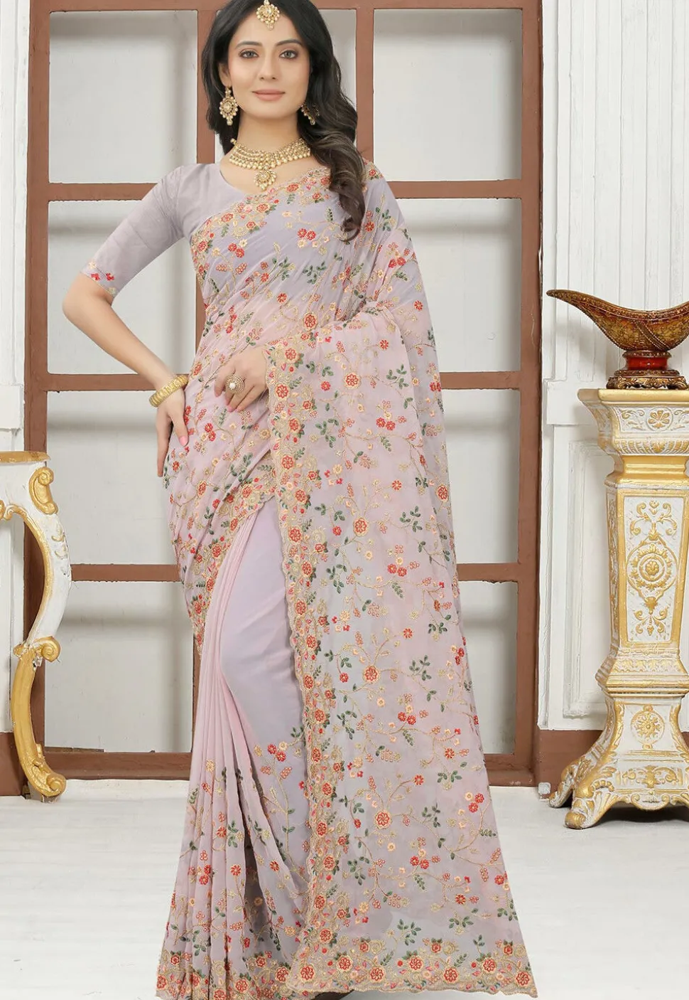 Embroidered Georgette Saree in Peach