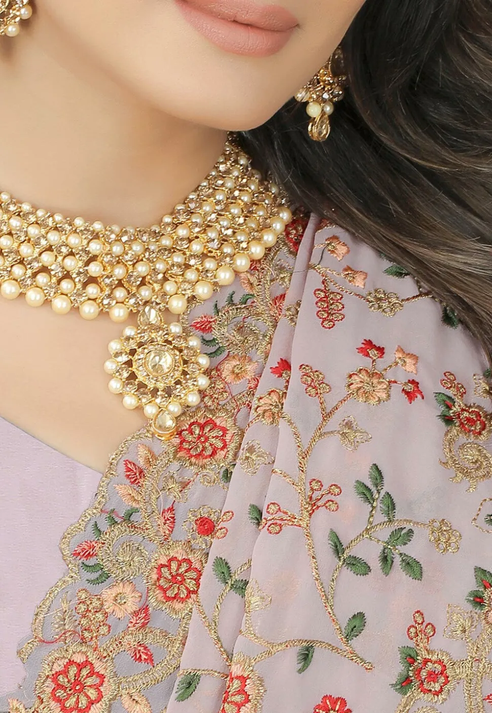 Embroidered Georgette Saree in Peach