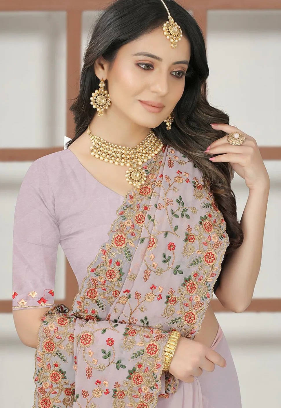 Embroidered Georgette Saree in Peach