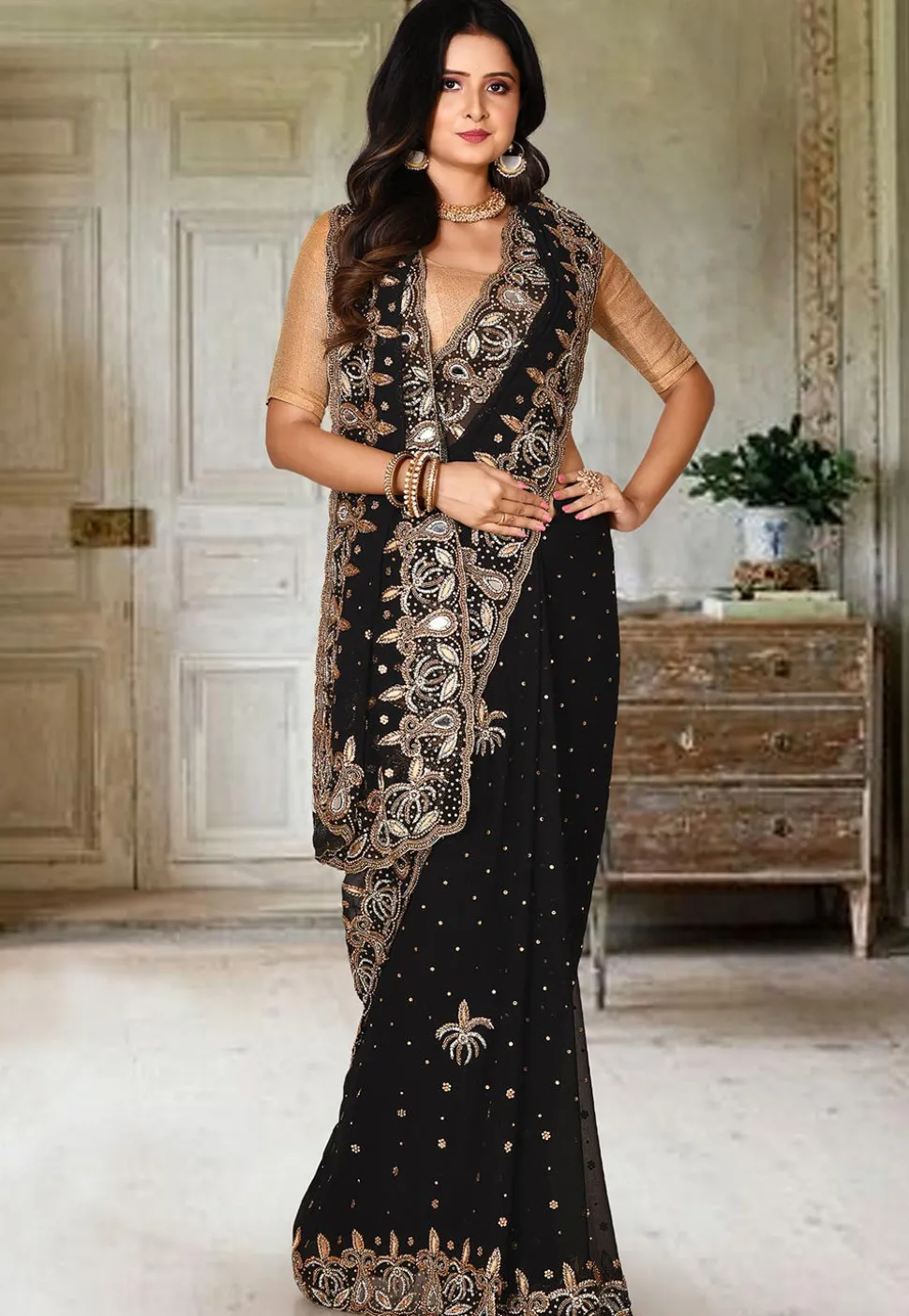 Embroidered Georgette Saree in Black