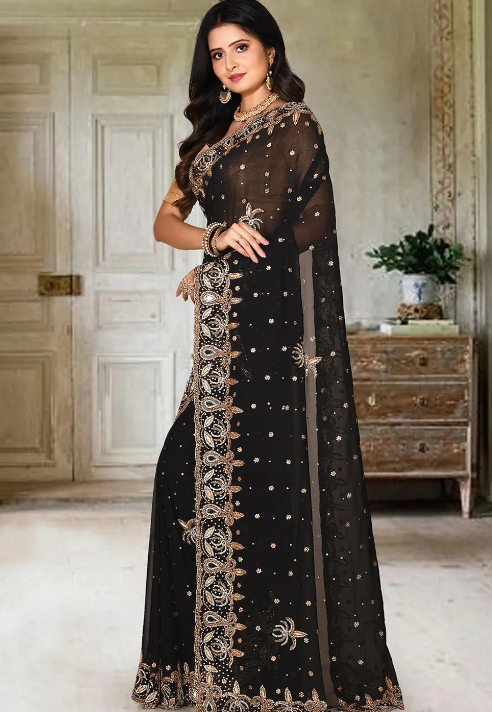 Embroidered Georgette Saree in Black