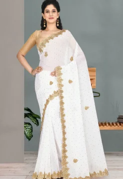 Embroidered Georgette Saree in White