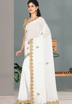 Embroidered Georgette Saree in White