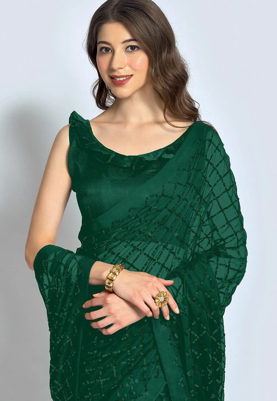 Embroidered Georgette Saree in Green