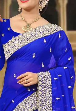 Embroidered Georgette Saree in Royal Blue