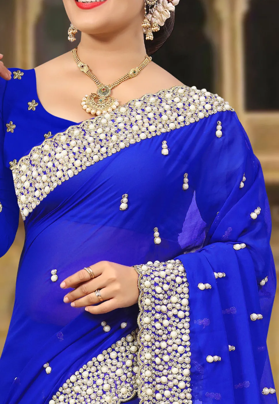 Embroidered Georgette Saree in Royal Blue