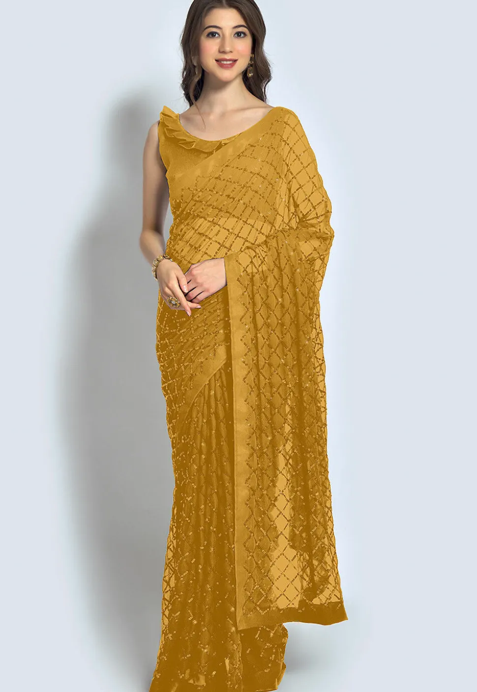 Embroidered Georgette Saree in Beige