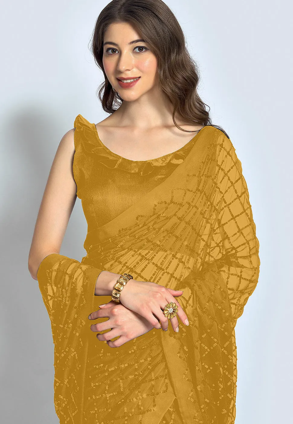 Embroidered Georgette Saree in Beige
