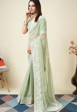 Embroidered Georgette Saree in Light Green
