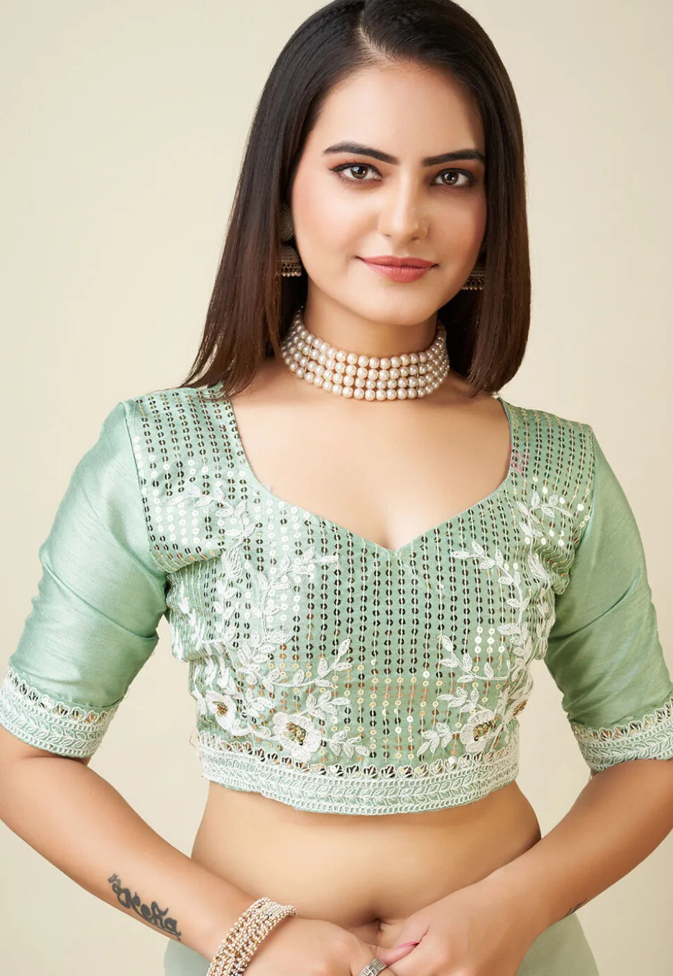 Embroidered Georgette Saree in Light Green