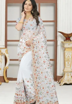 Embroidered Georgette Saree in Off White