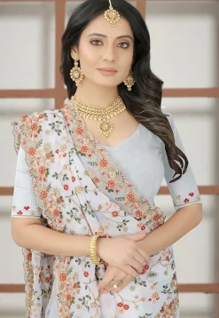 Embroidered Georgette Saree in Off White