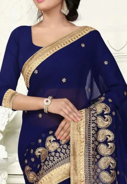 Embroidered Georgette Saree in Navy Blue