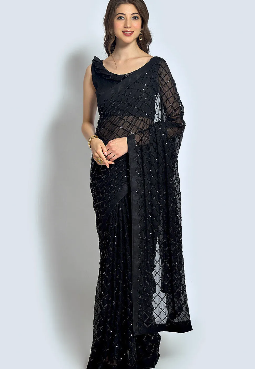 Embroidered Georgette Saree in Black