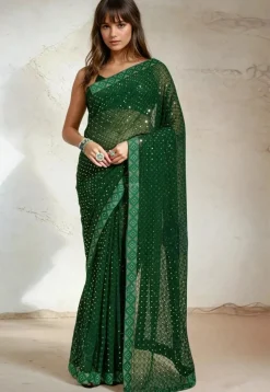 Embroidered Georgette Saree in Green