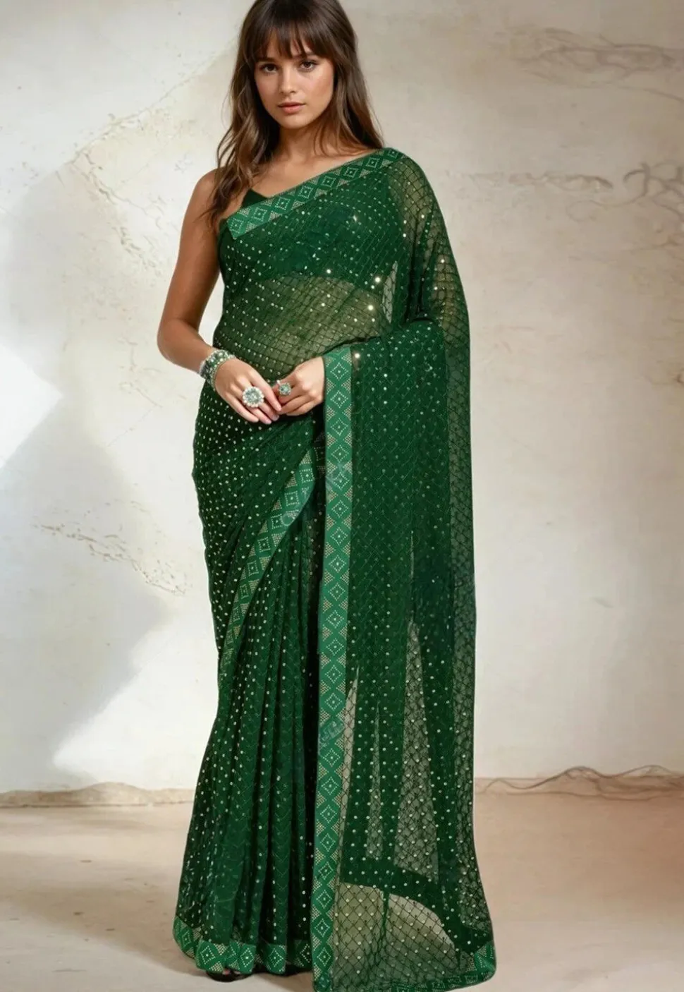 Embroidered Georgette Saree in Green