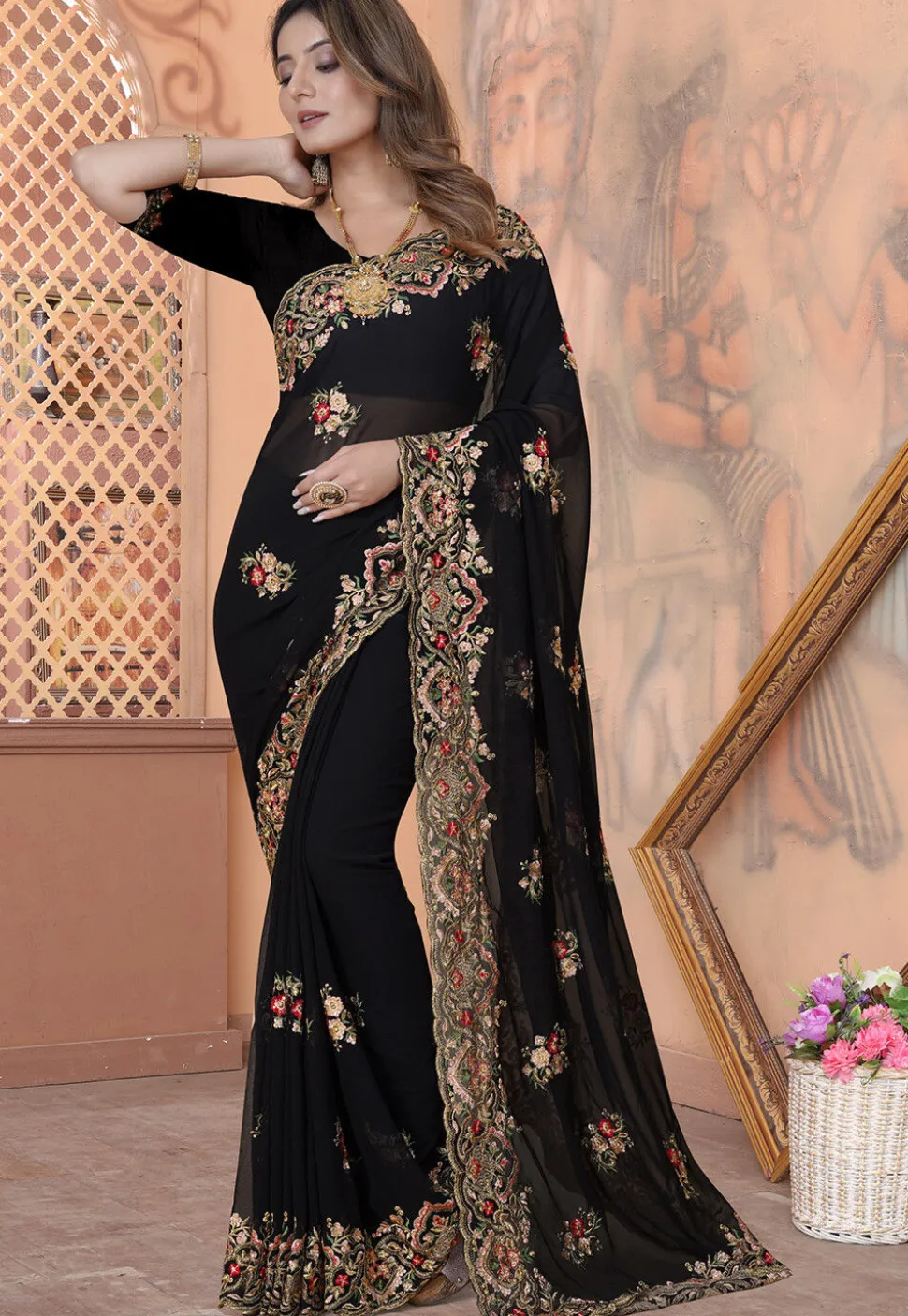 Embroidered Georgette Saree in Black