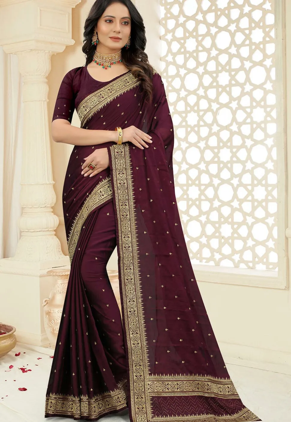 Embroidered Georgette Saree in Wine